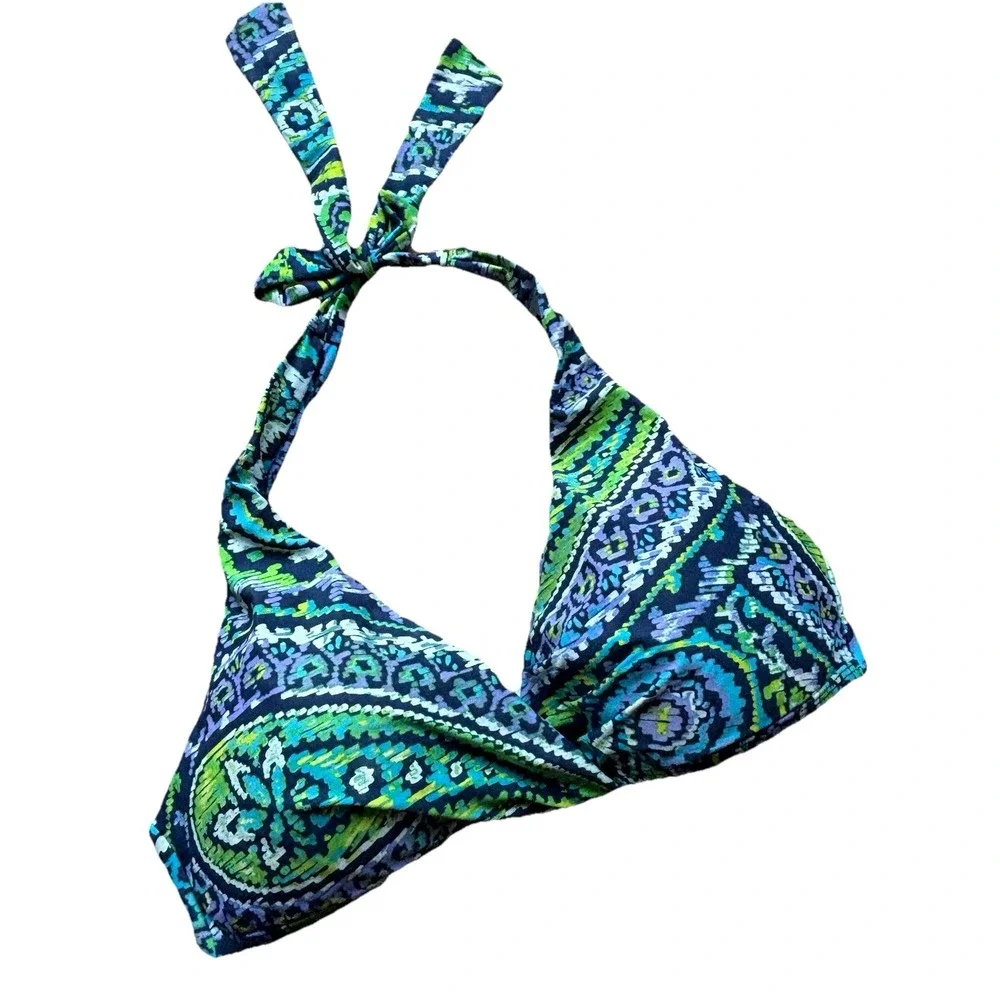 LAUREN‎ RALPH LAUREN PAISLEY TWIST MOLDED CUP HALTER BIKINI TOP sz 8 Blue Green